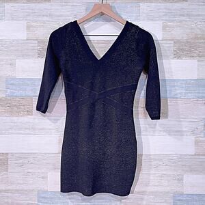 BEBE Glitter Bandage Bodycon Dress Black 3/4 Sleeve Party Cocktail Womens Small